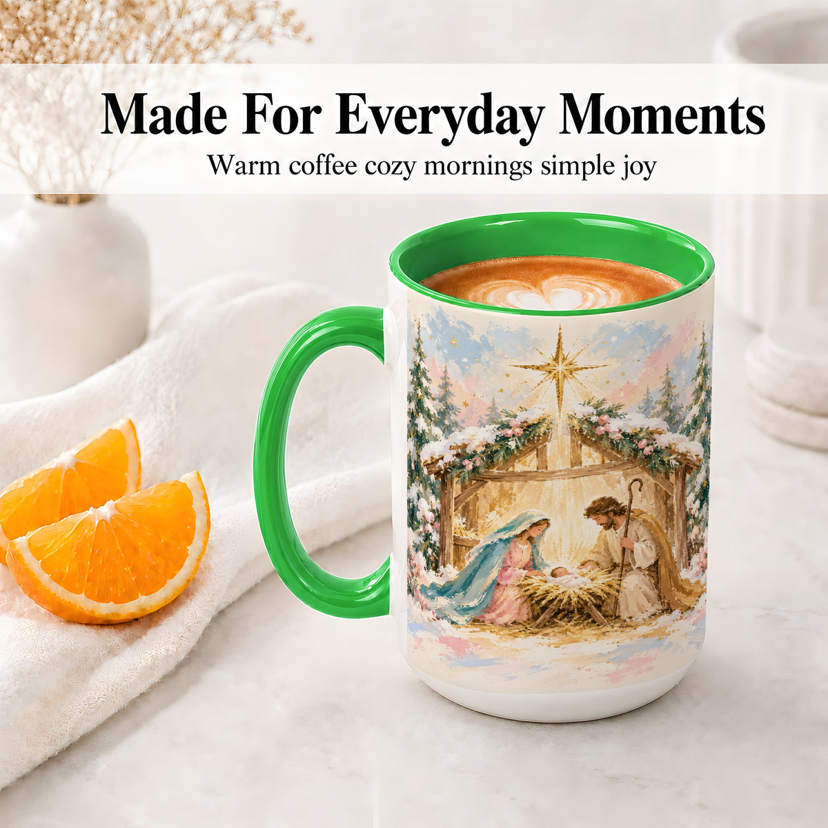 #pl[15oz|Green] Christmas Nativity Scene Accent Mug, Ceramic Religious Coffee Cup