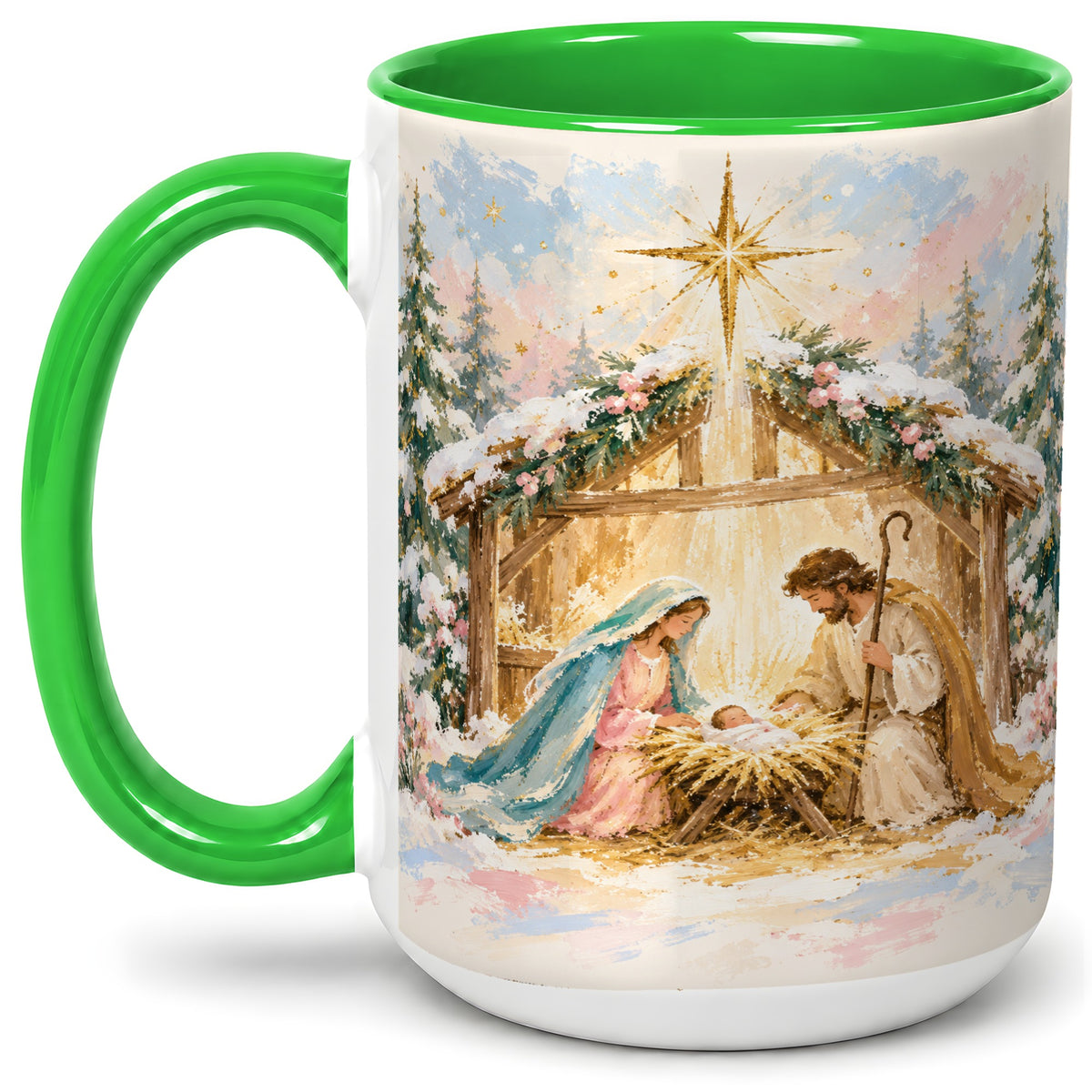 #pl[15oz|Green] Christmas Nativity Scene Accent Mug, Ceramic Religious Coffee Cup