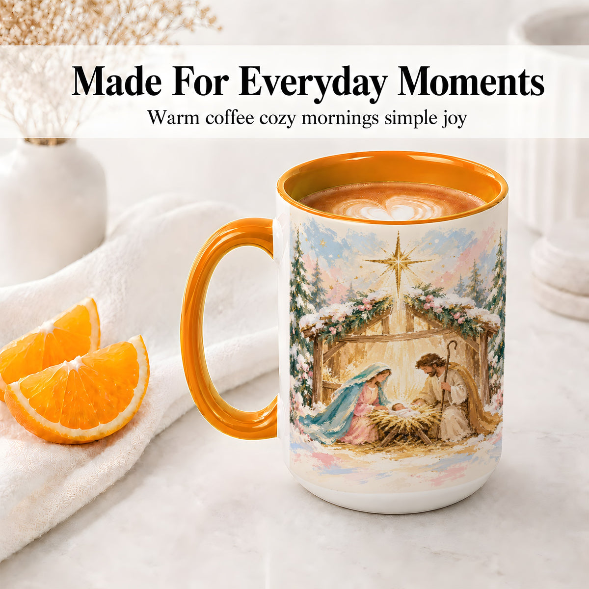 #pl[15oz|Orange] Christmas Nativity Scene Accent Mug, Ceramic Religious Coffee Cup