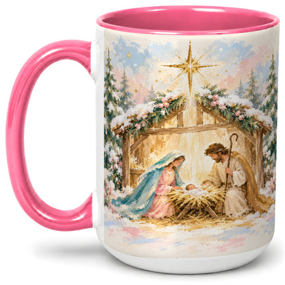 #pl[15oz|Pink] Christmas Nativity Scene Accent Mug, Ceramic Religious Coffee Cup