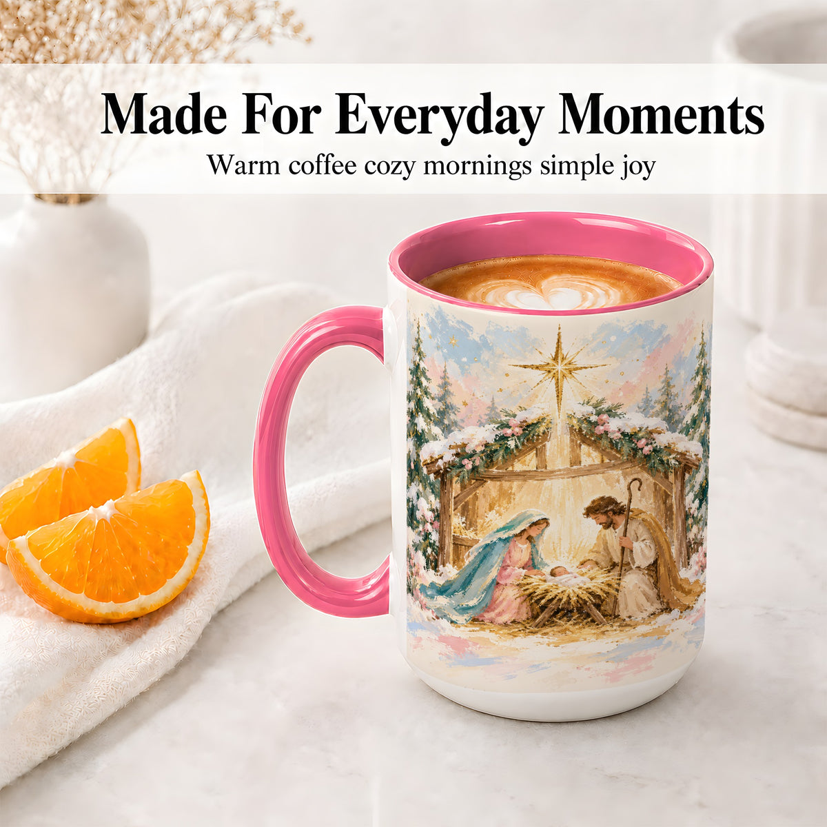 #pl[15oz|Pink] Christmas Nativity Scene Accent Mug, Ceramic Religious Coffee Cup