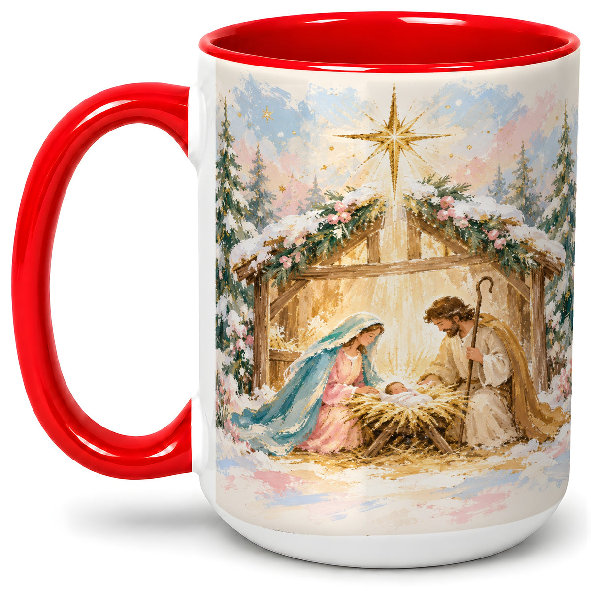 #pl[15oz|Red] Christmas Nativity Scene Accent Mug, Ceramic Religious Coffee Cup
