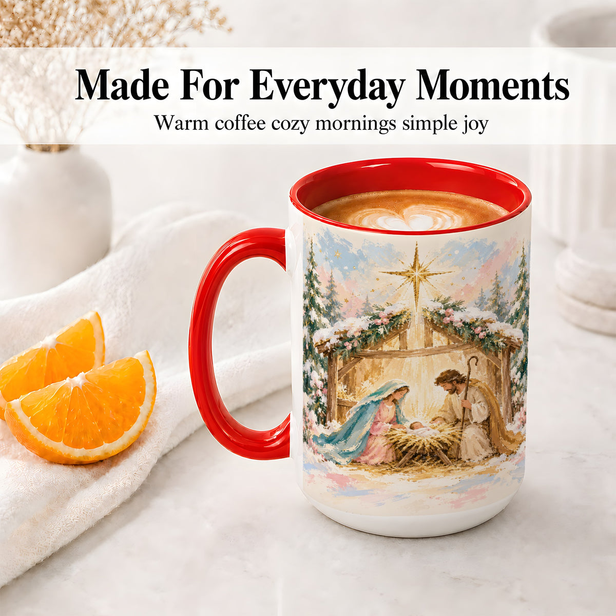 #pl[15oz|Red] Christmas Nativity Scene Accent Mug, Ceramic Religious Coffee Cup