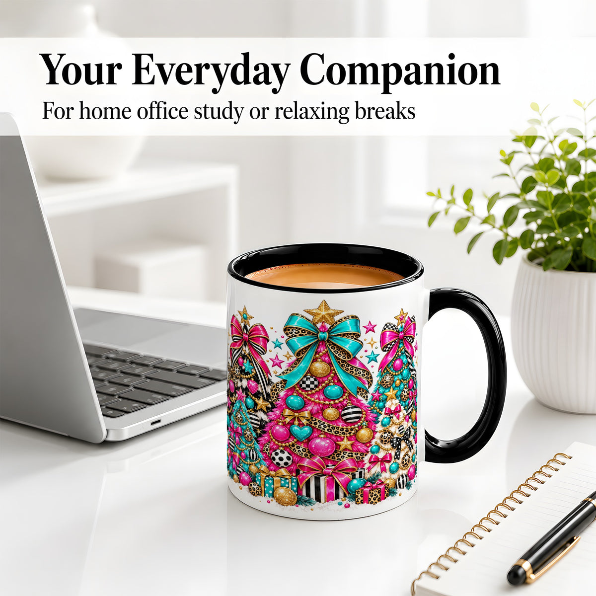 #pl[11oz|Black] Colorful Christmas Trees Accent Mug, Ceramic Pink Teal Holiday Cup