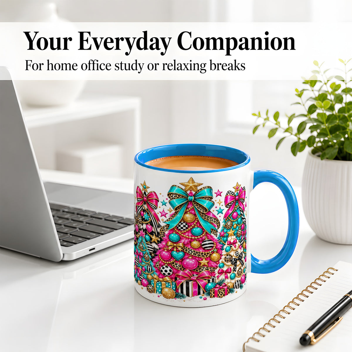 #pl[11oz|Blue] Colorful Christmas Trees Accent Mug, Ceramic Pink Teal Holiday Cup