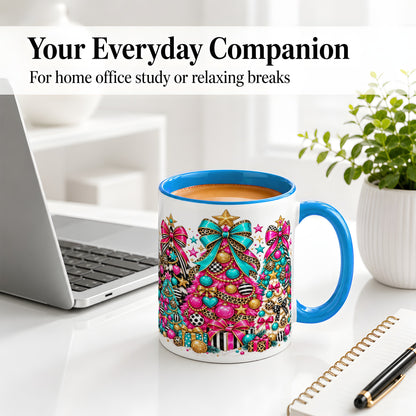 #pl[11oz|Blue] Colorful Christmas Trees Accent Mug, Ceramic Pink Teal Holiday Cup