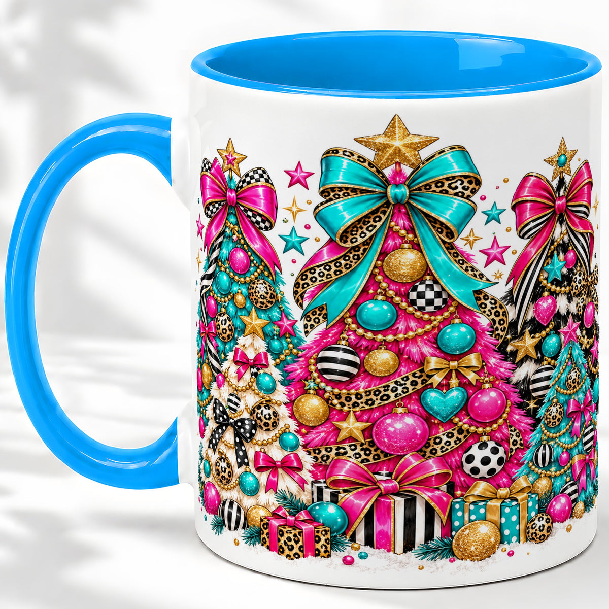 #pl[11oz|Blue] Colorful Christmas Trees Accent Mug, Ceramic Pink Teal Holiday Cup