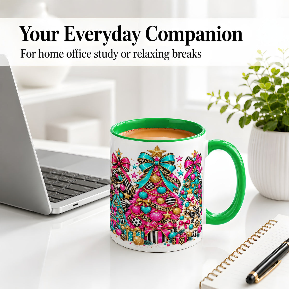 #pl[11oz|Green] Colorful Christmas Trees Accent Mug, Ceramic Pink Teal Holiday Cup