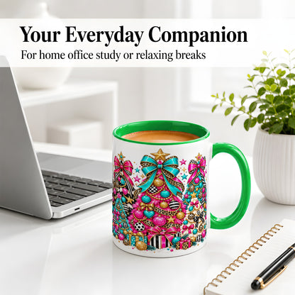 #pl[11oz|Green] Colorful Christmas Trees Accent Mug, Ceramic Pink Teal Holiday Cup