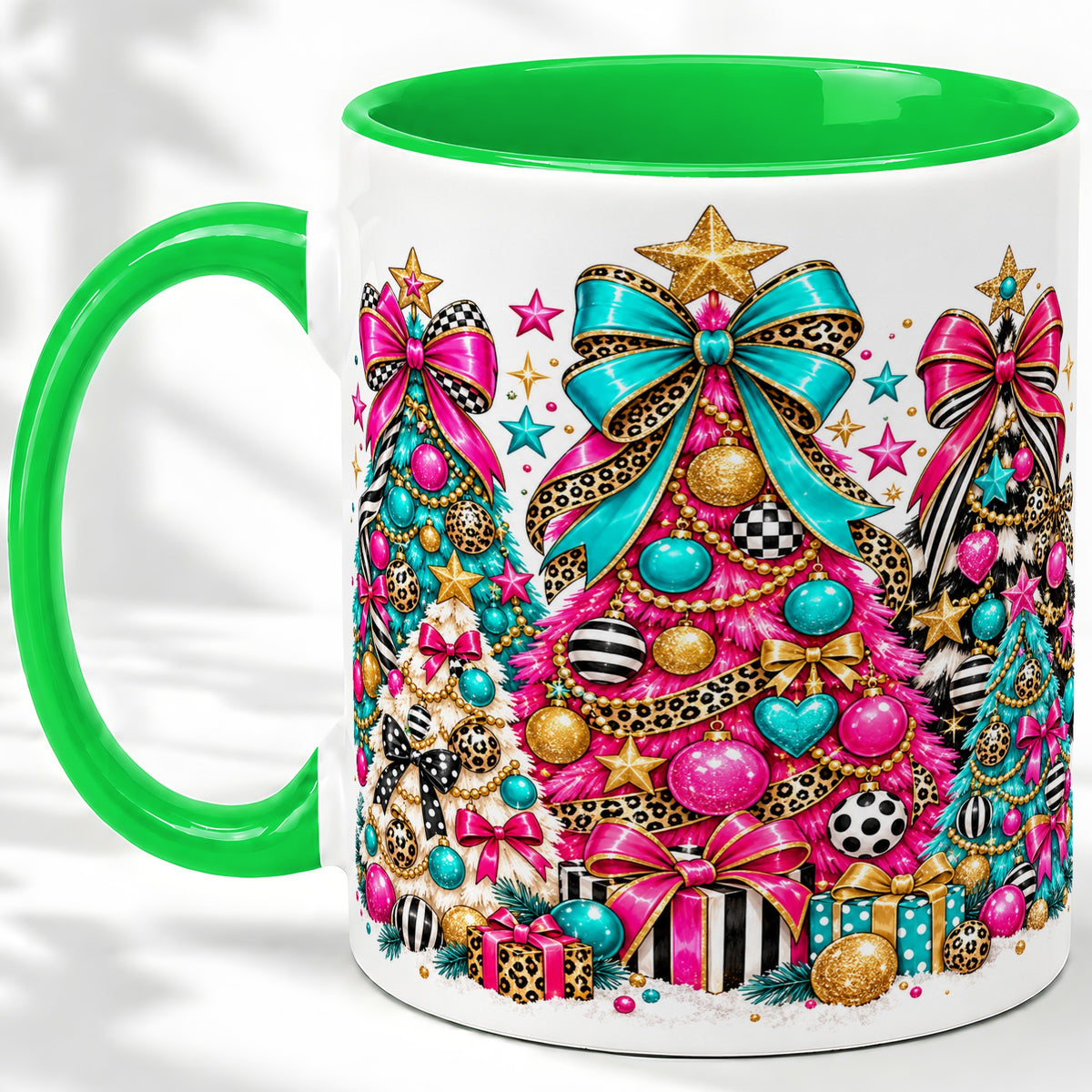 #pl[11oz|Green] Colorful Christmas Trees Accent Mug, Ceramic Pink Teal Holiday Cup