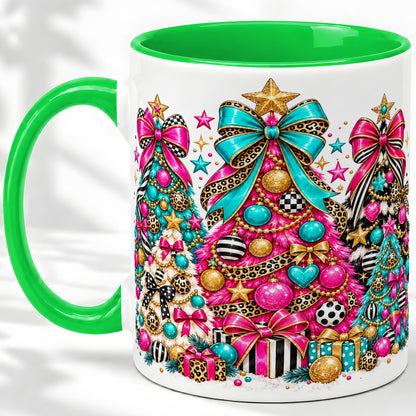 #pl[11oz|Green] Colorful Christmas Trees Accent Mug, Ceramic Pink Teal Holiday Cup