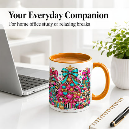 #pl[11oz|Orange] Colorful Christmas Trees Accent Mug, Ceramic Pink Teal Holiday Cup