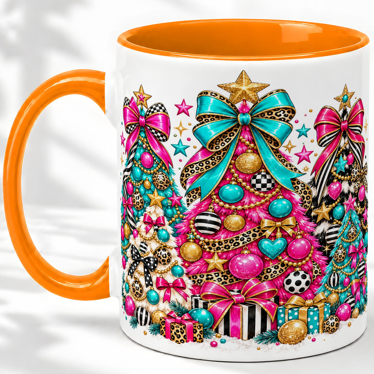 #pl[11oz|Orange] Colorful Christmas Trees Accent Mug, Ceramic Pink Teal Holiday Cup