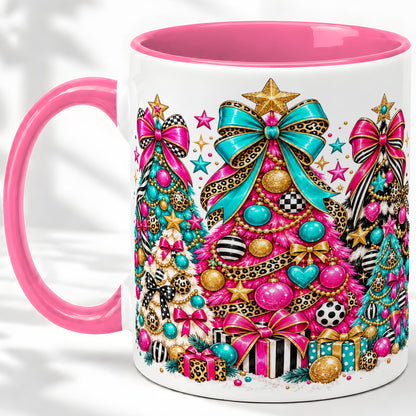 #pl[11oz|Pink] Colorful Christmas Trees Accent Mug, Ceramic Pink Teal Holiday Cup