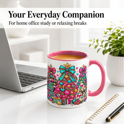#pl[11oz|Pink] Colorful Christmas Trees Accent Mug, Ceramic Pink Teal Holiday Cup