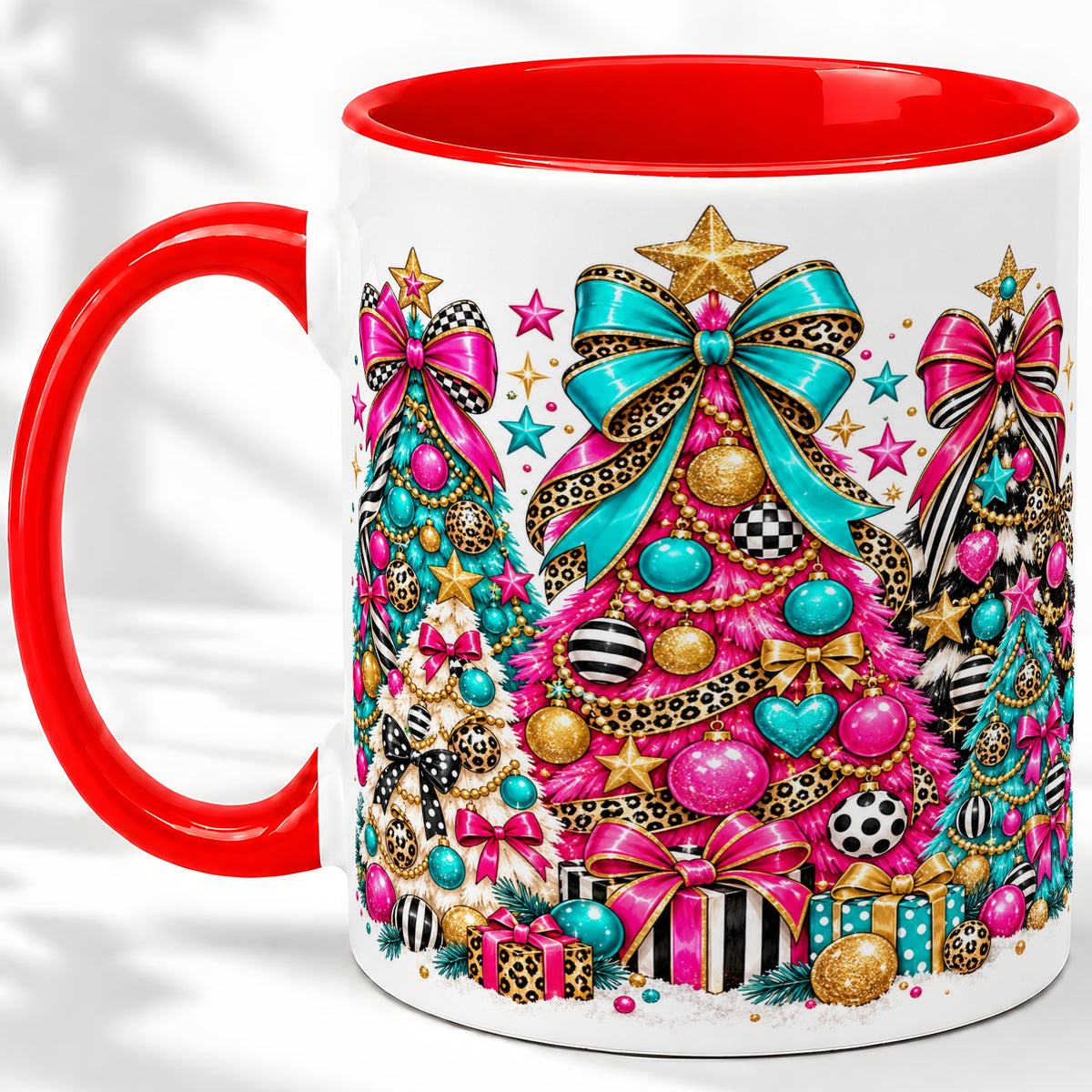 Colorful Christmas Trees Accent Mug, Ceramic Pink Teal Holiday Cup