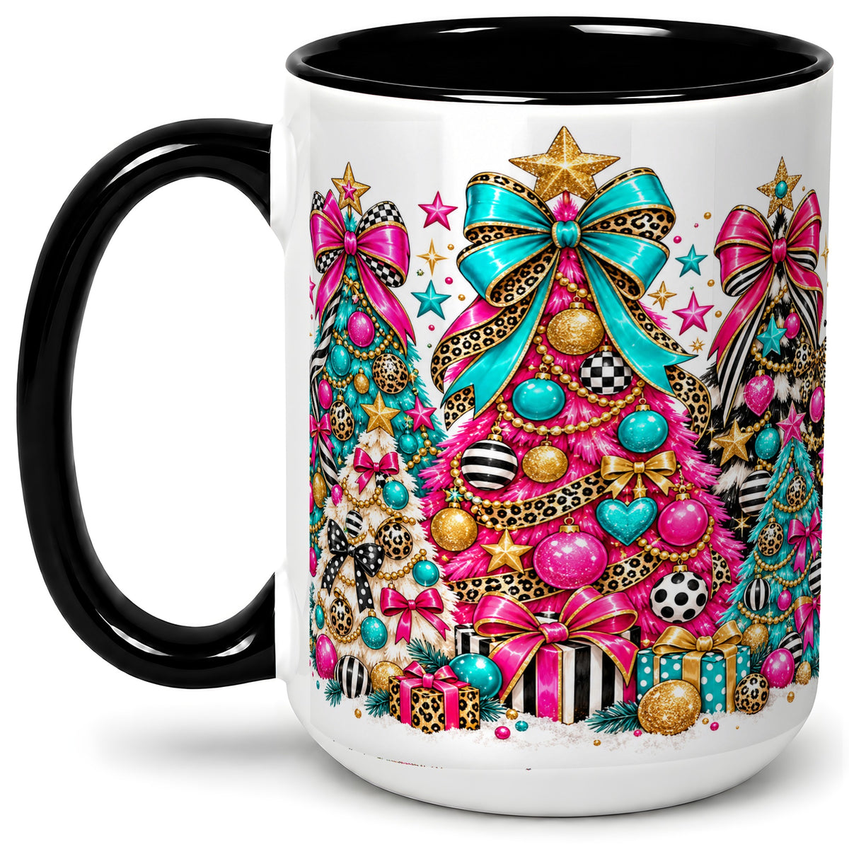 #pl[15oz|Black] Colorful Christmas Trees Accent Mug, Ceramic Pink Teal Holiday Cup