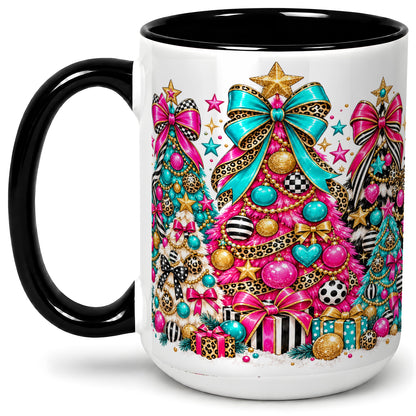 #pl[15oz|Black] Colorful Christmas Trees Accent Mug, Ceramic Pink Teal Holiday Cup