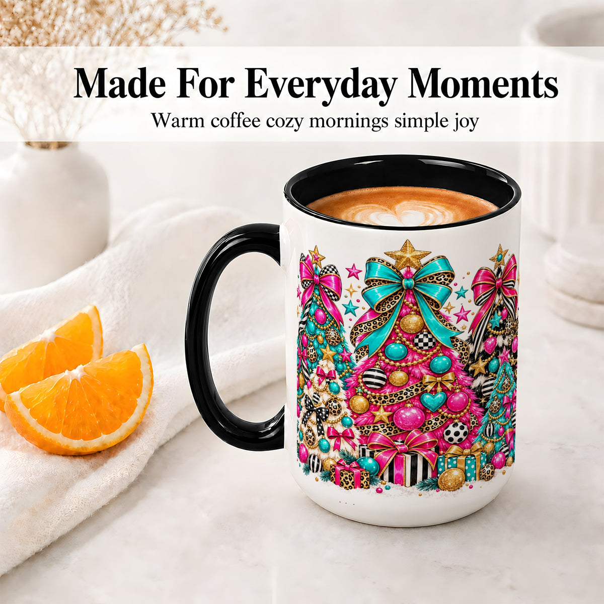 #pl[15oz|Black] Colorful Christmas Trees Accent Mug, Ceramic Pink Teal Holiday Cup
