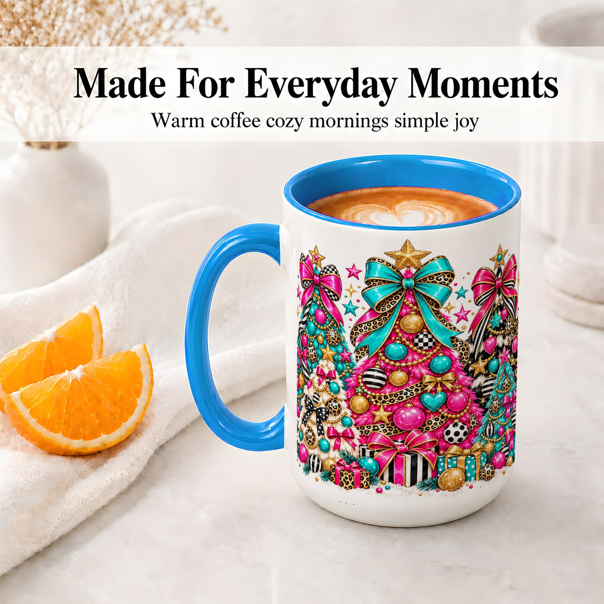 #pl[15oz|Blue] Colorful Christmas Trees Accent Mug, Ceramic Pink Teal Holiday Cup