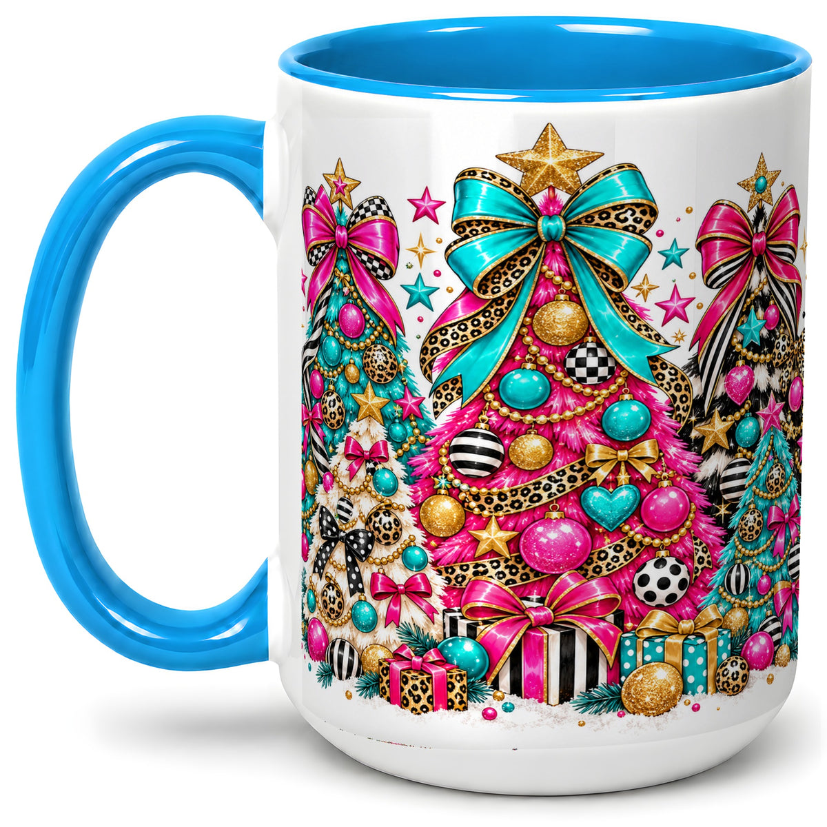 #pl[15oz|Blue] Colorful Christmas Trees Accent Mug, Ceramic Pink Teal Holiday Cup