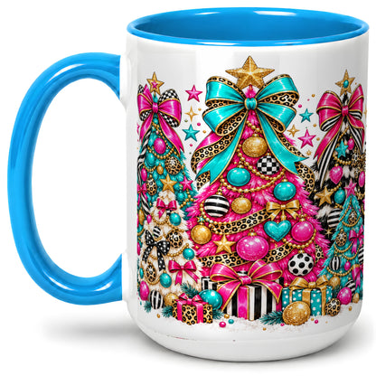 #pl[15oz|Blue] Colorful Christmas Trees Accent Mug, Ceramic Pink Teal Holiday Cup