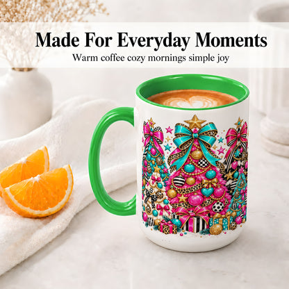 #pl[15oz|Green] Colorful Christmas Trees Accent Mug, Ceramic Pink Teal Holiday Cup