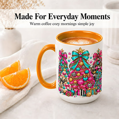 #pl[15oz|Orange] Colorful Christmas Trees Accent Mug, Ceramic Pink Teal Holiday Cup