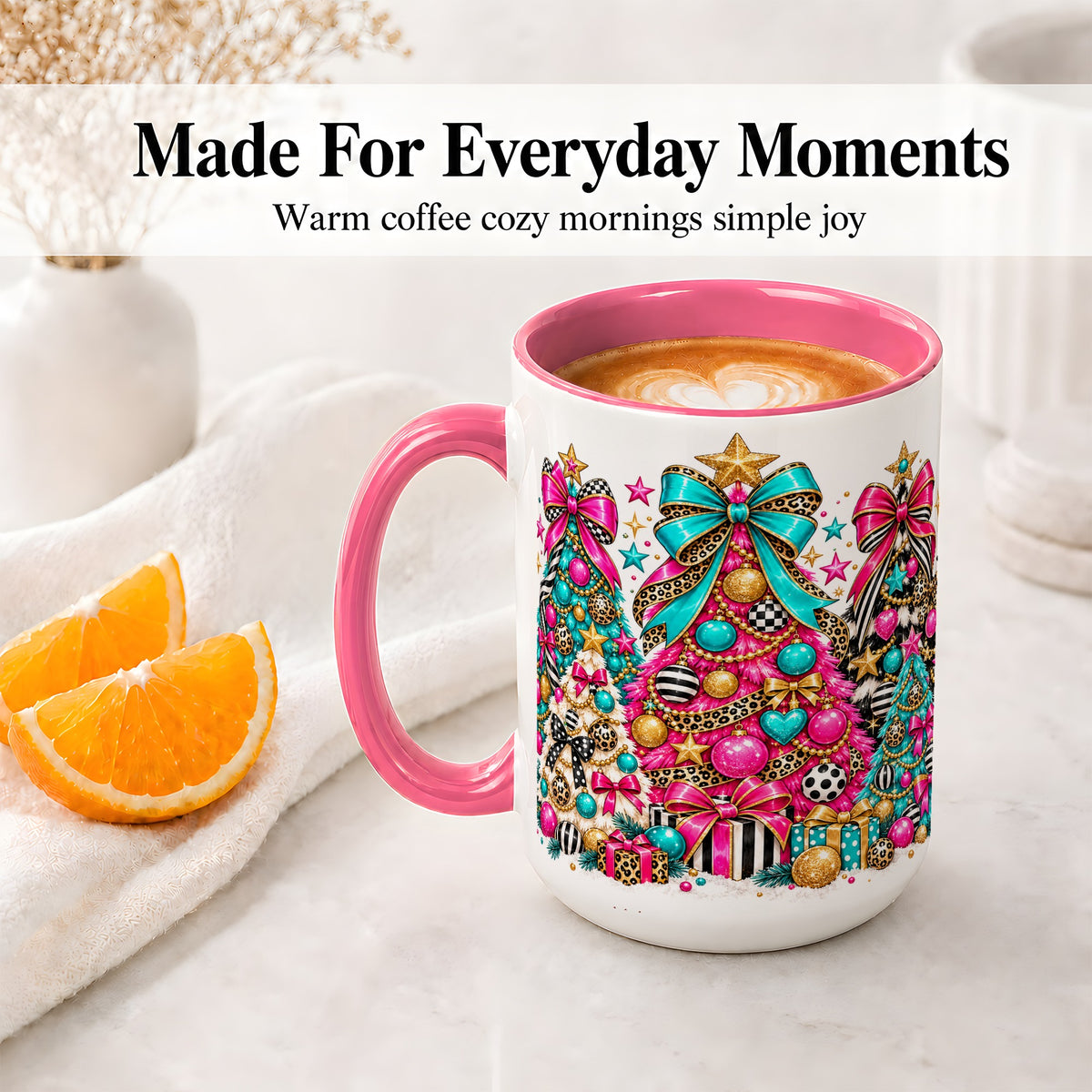 #pl[15oz|Pink] Colorful Christmas Trees Accent Mug, Ceramic Pink Teal Holiday Cup