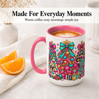 #pl[15oz|Pink] Colorful Christmas Trees Accent Mug, Ceramic Pink Teal Holiday Cup