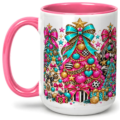 #pl[15oz|Pink] Colorful Christmas Trees Accent Mug, Ceramic Pink Teal Holiday Cup