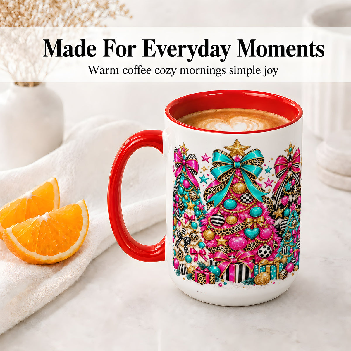 #pl[15oz|Red] Colorful Christmas Trees Accent Mug, Ceramic Pink Teal Holiday Cup