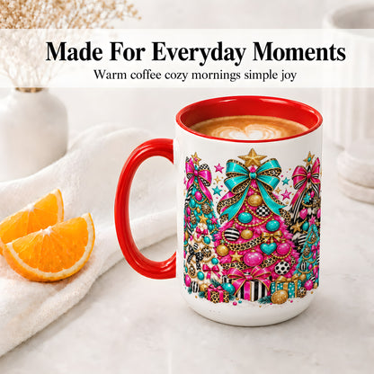 #pl[15oz|Red] Colorful Christmas Trees Accent Mug, Ceramic Pink Teal Holiday Cup