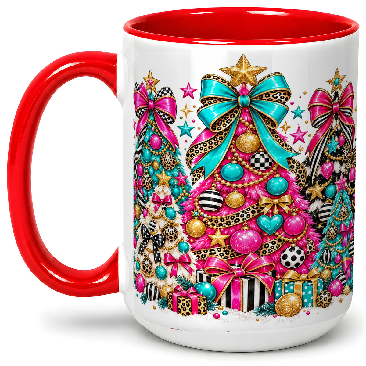 #pl[15oz|Red] Colorful Christmas Trees Accent Mug, Ceramic Pink Teal Holiday Cup