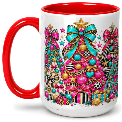 #pl[15oz|Red] Colorful Christmas Trees Accent Mug, Ceramic Pink Teal Holiday Cup