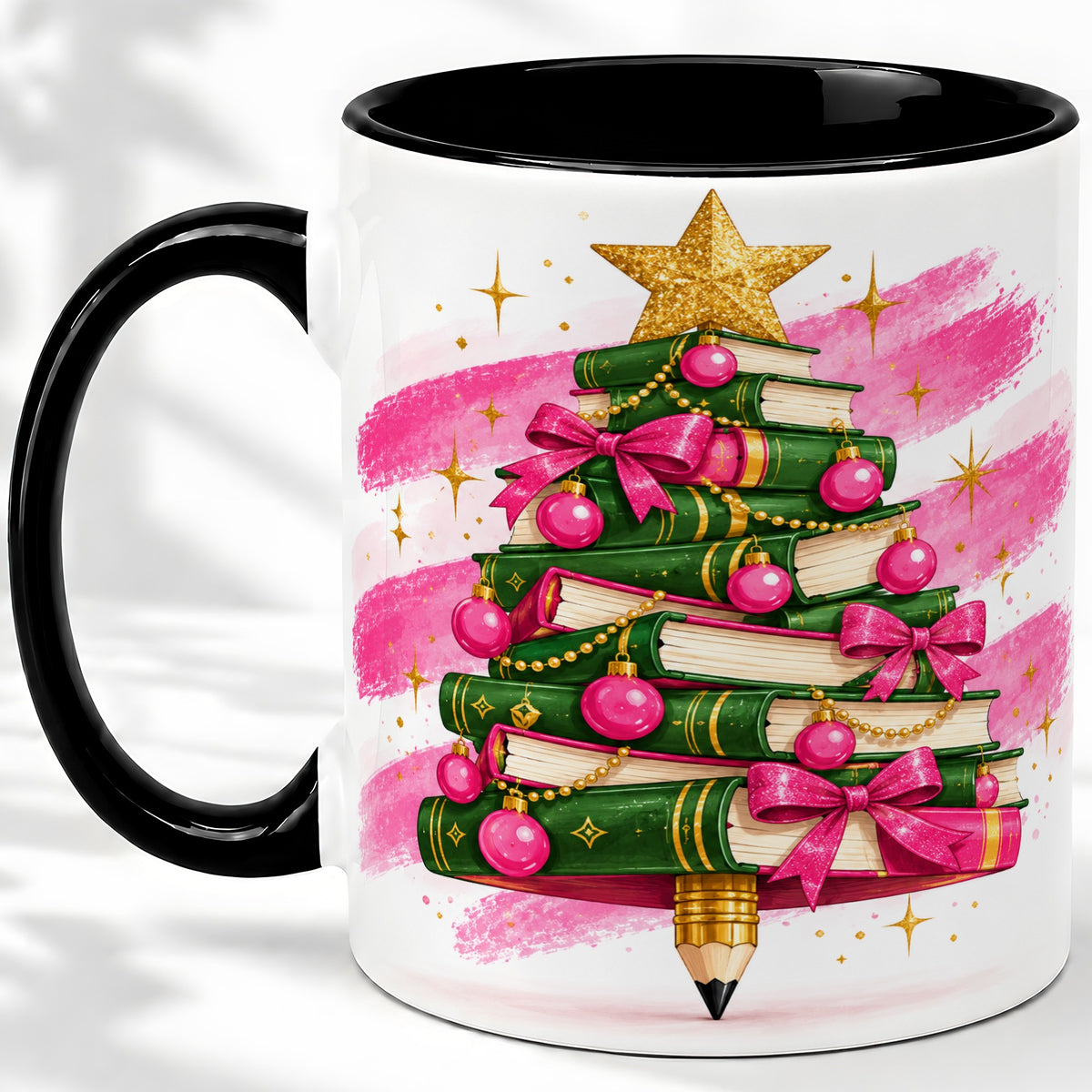 #pl[11oz|Black] Christmas Book Tree Accent Mug, Ceramic Coffee Cup for Readers