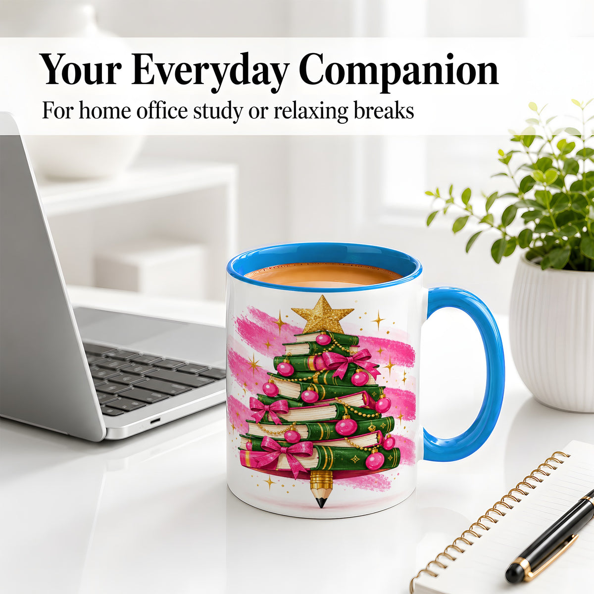 #pl[11oz|Blue] Christmas Book Tree Accent Mug, Ceramic Coffee Cup for Readers