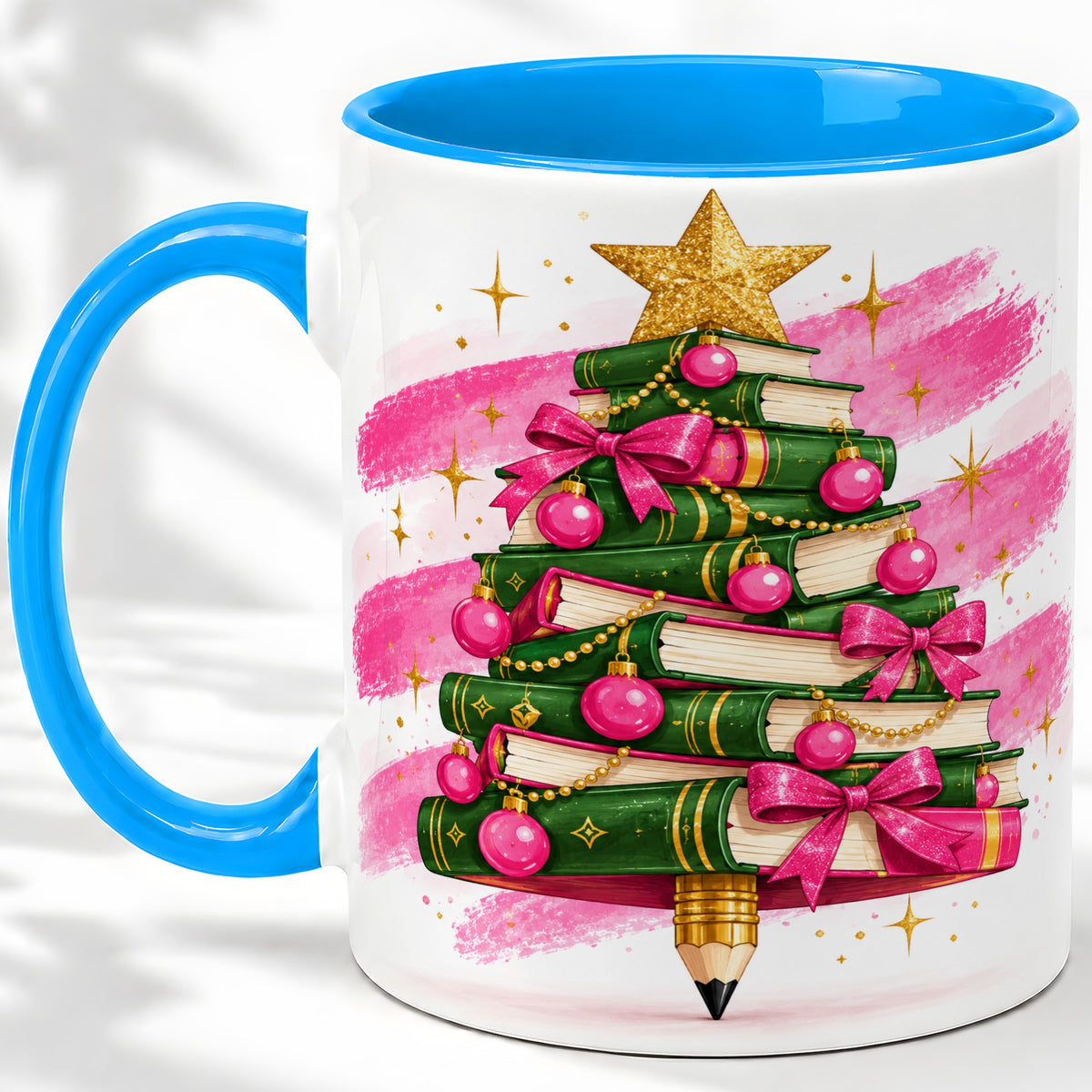 #pl[11oz|Blue] Christmas Book Tree Accent Mug, Ceramic Coffee Cup for Readers