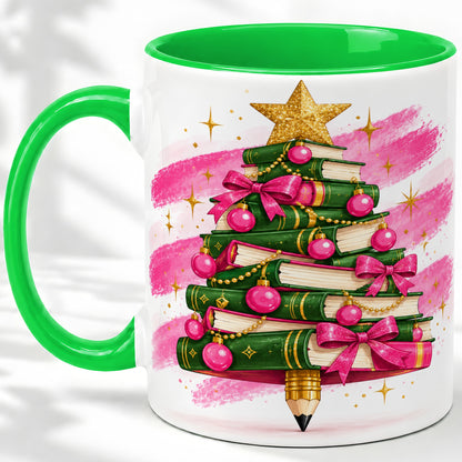 #pl[11oz|Green] Christmas Book Tree Accent Mug, Ceramic Coffee Cup for Readers