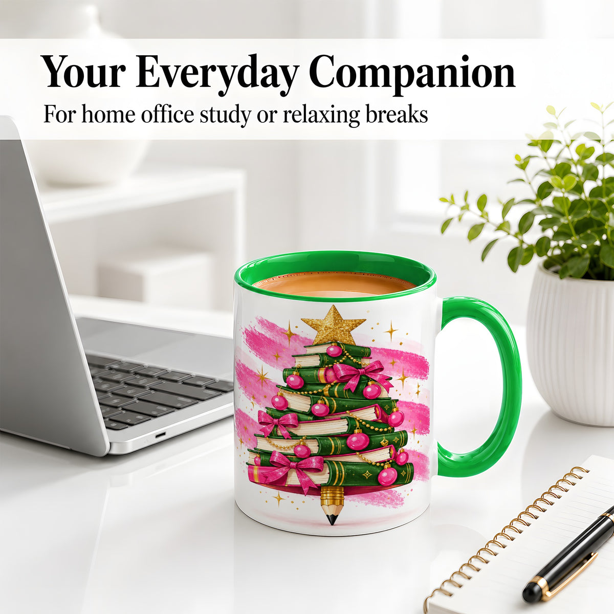 #pl[11oz|Green] Christmas Book Tree Accent Mug, Ceramic Coffee Cup for Readers