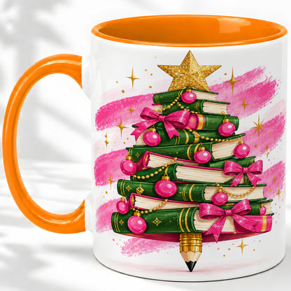 #pl[11oz|Orange] Christmas Book Tree Accent Mug, Ceramic Coffee Cup for Readers