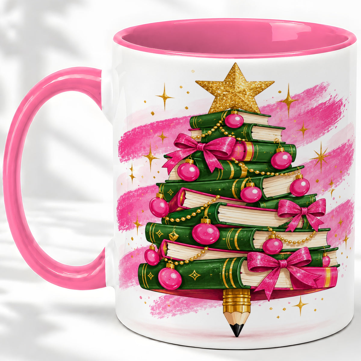 #pl[11oz|Pink] Christmas Book Tree Accent Mug, Ceramic Coffee Cup for Readers