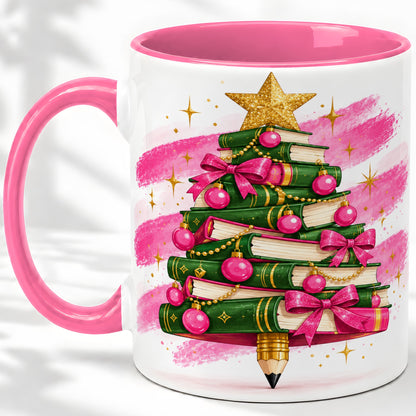 #pl[11oz|Pink] Christmas Book Tree Accent Mug, Ceramic Coffee Cup for Readers