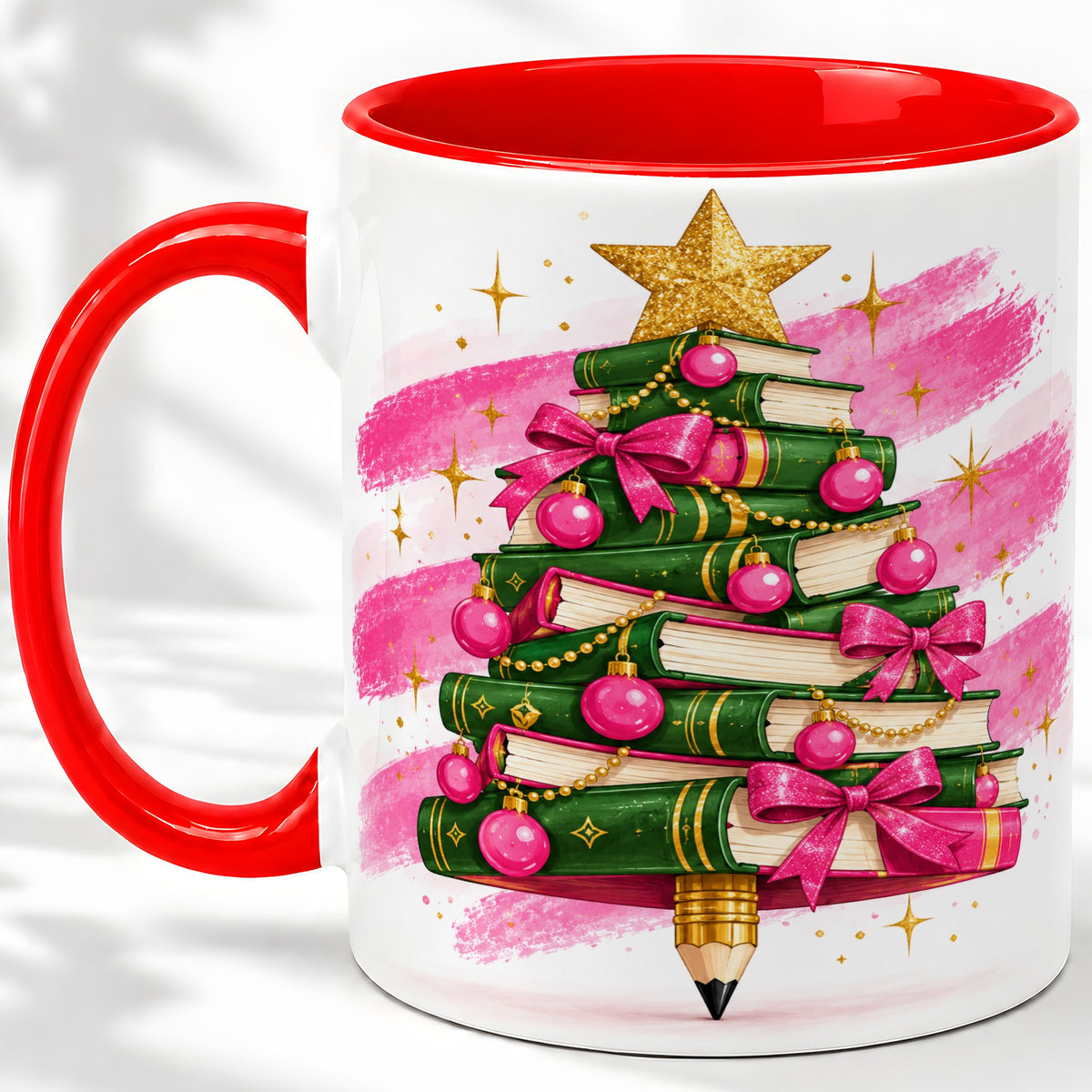 Christmas Book Tree Accent Mug, Ceramic Coffee Cup for Readers