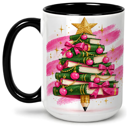 #pl[15oz|Black] Christmas Book Tree Accent Mug, Ceramic Coffee Cup for Readers