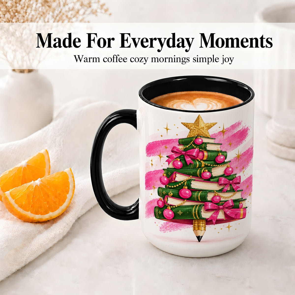 #pl[15oz|Black] Christmas Book Tree Accent Mug, Ceramic Coffee Cup for Readers
