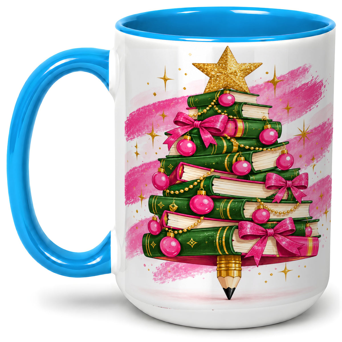 #pl[15oz|Blue] Christmas Book Tree Accent Mug, Ceramic Coffee Cup for Readers