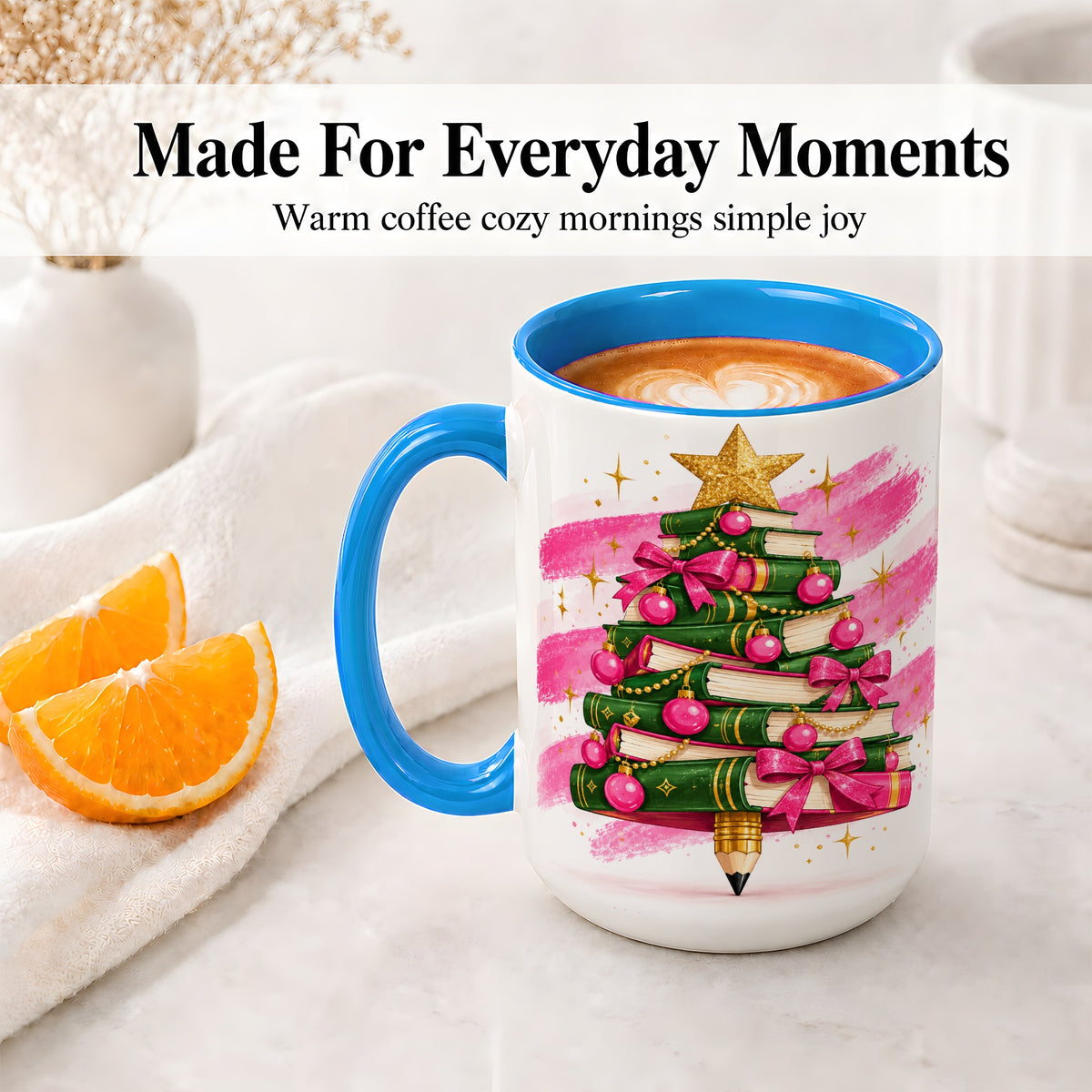 #pl[15oz|Blue] Christmas Book Tree Accent Mug, Ceramic Coffee Cup for Readers