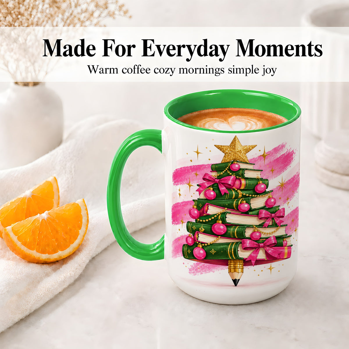 #pl[15oz|Green] Christmas Book Tree Accent Mug, Ceramic Coffee Cup for Readers