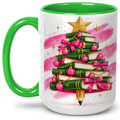 #pl[15oz|Green] Christmas Book Tree Accent Mug, Ceramic Coffee Cup for Readers